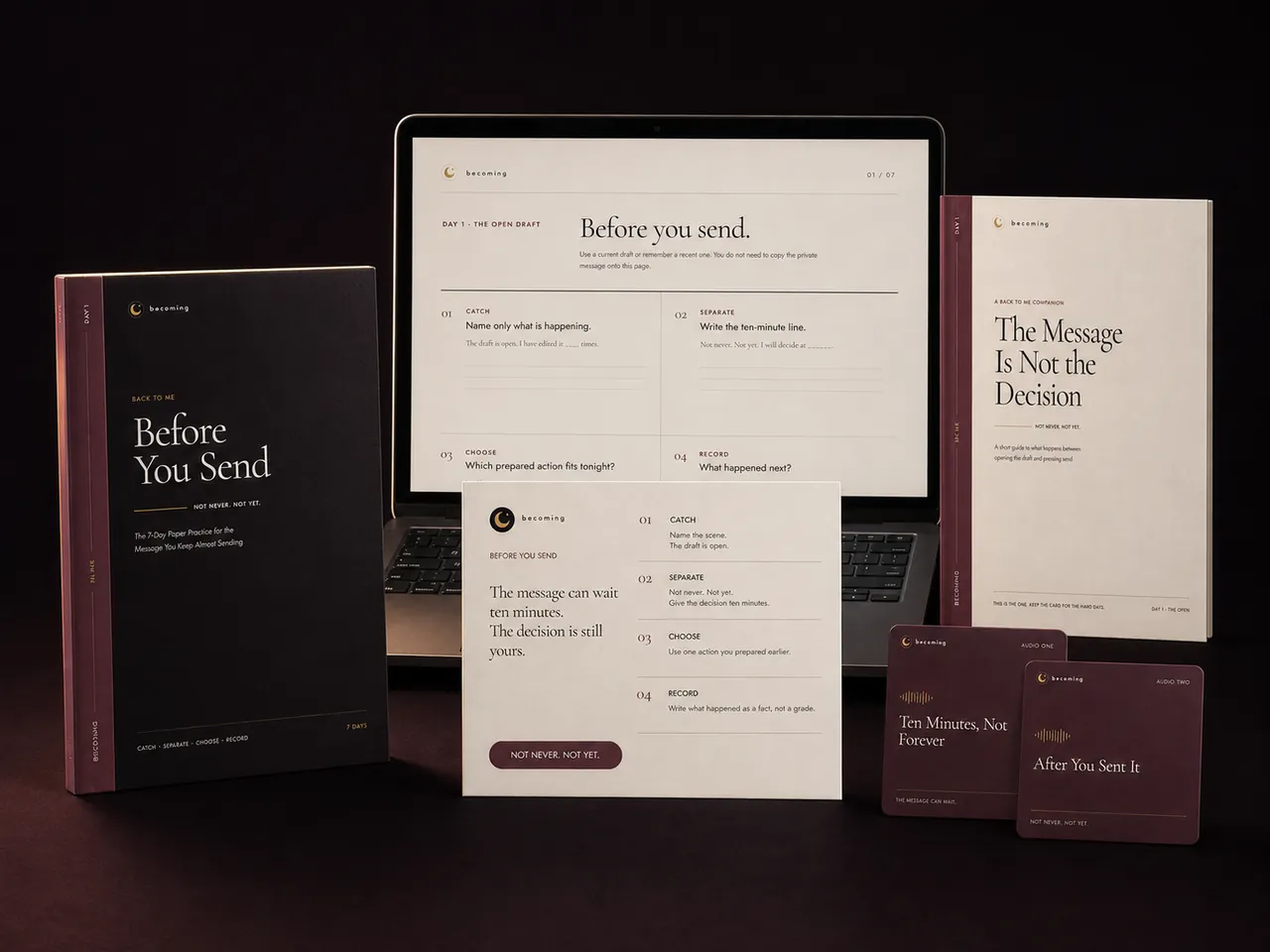 The complete Back to Me collection: paper practice, card, companion ebook, laptop pages, and two audio guides.