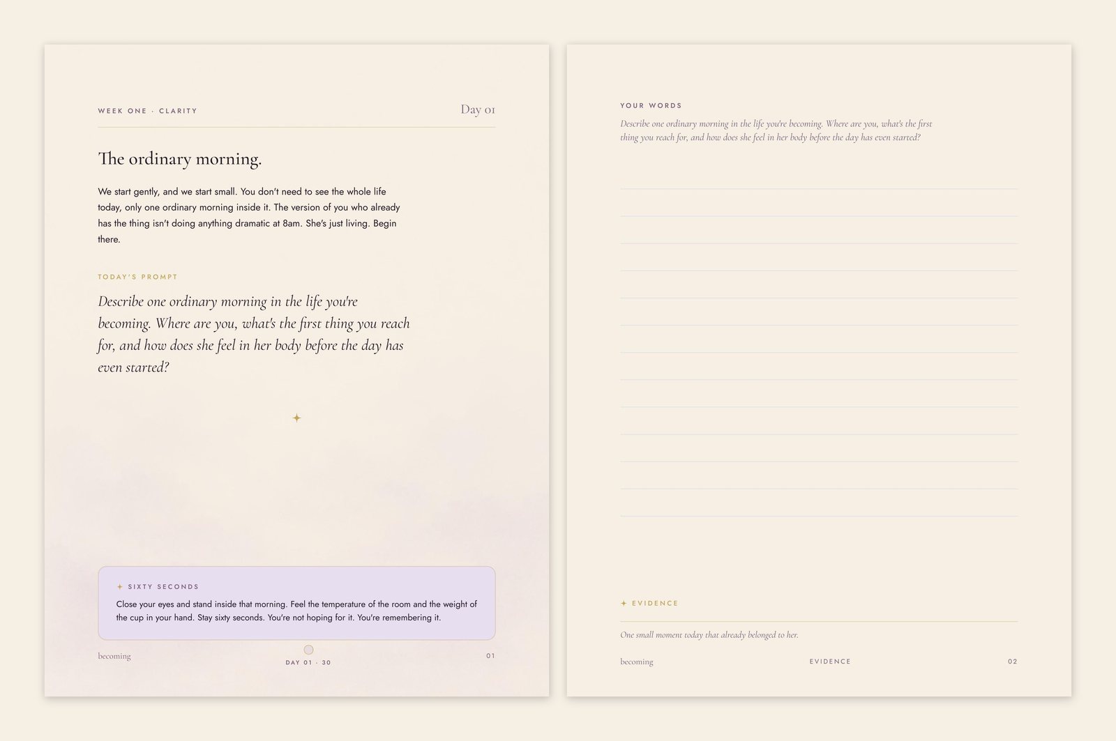 An open two-page spread from Become Her: the Day 01 teaching and prompt on the left, your writing space and evidence line on the right