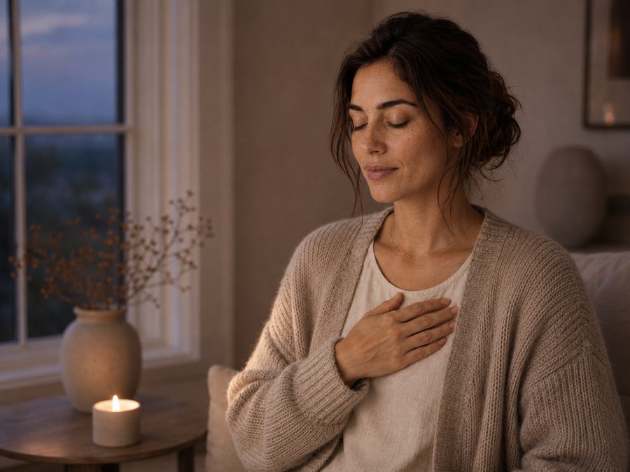 The same woman at dusk, eyes closed, hand resting over her heart in soft candlelight