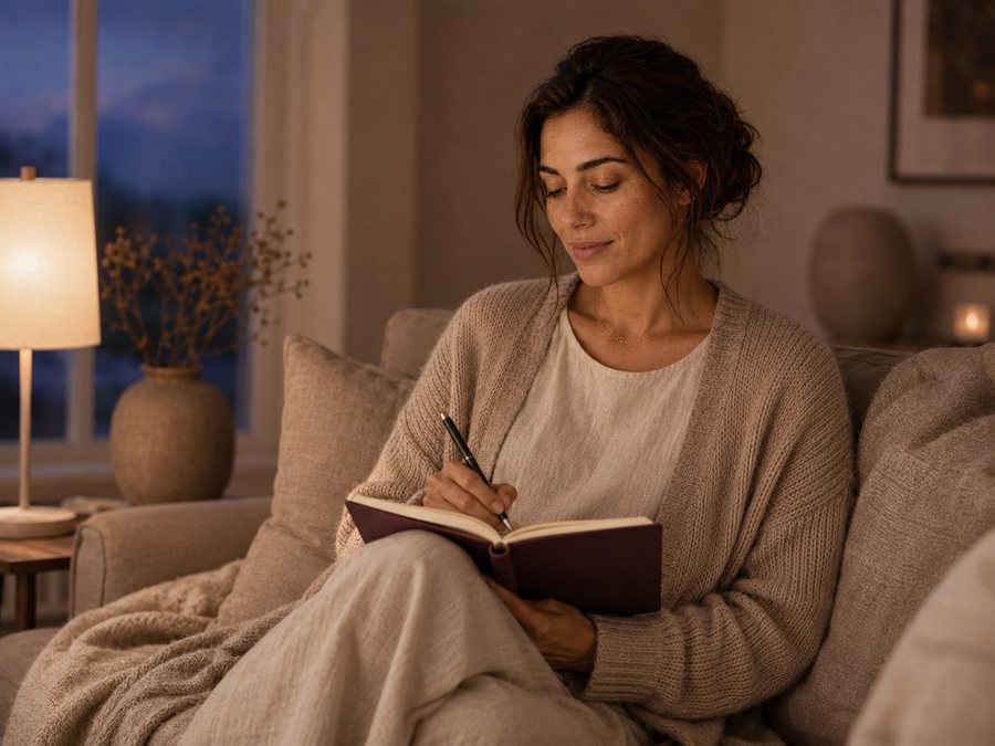 The same woman in warm lamplight at evening, smiling faintly as she writes one line