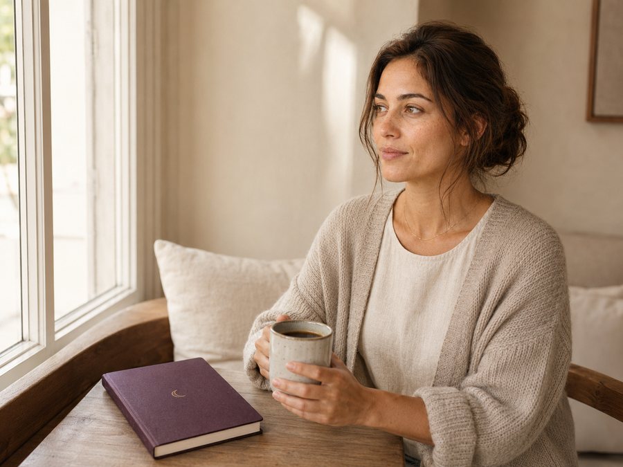 A woman by a bright morning window, coffee in hand, pausing over her open journal
