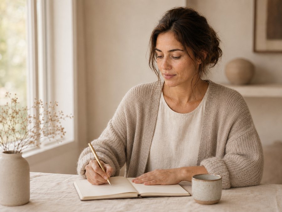 The same woman writing a new line in her journal at a linen-covered table