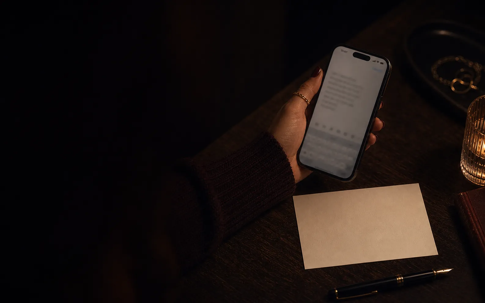 At night, a woman holds an open phone draft above a dark desk with a paper card and fountain pen.